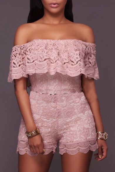 Off The Shoulder New Arrival Short Sleeve Lace Inserted Rompers