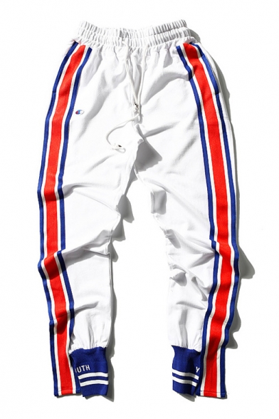 Red Blue Striped Side Elastic Waist Closed Cuff Leisure Sports Pants