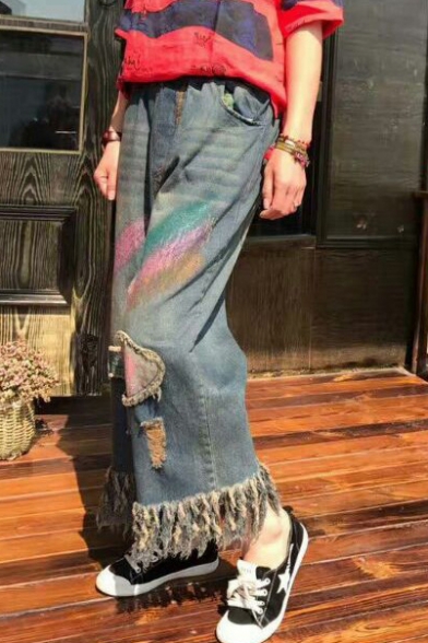 Retro Colorful Printed Tassel Trim Elastic Waist Wide Legs Jeans