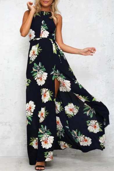 Sexy Halter Open Tied Back Sleeveless Floral Printed Split Front Maxi Dress