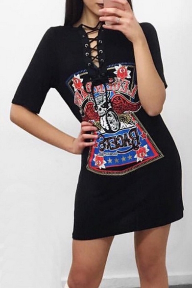 Sexy Lace-Up Front Short Sleeve Skull Graphic Printed Mini T-Shirt Dress