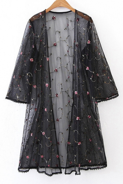 Summer's 3/4 Sleeve Floral Embroidered Sheer Mesh Tunic Kimono