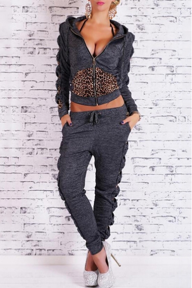 Women's Zipper Placket Long Sleeve Cropped Hoodie Sweatshirt with Drawstring Waist Leopard Sport Set