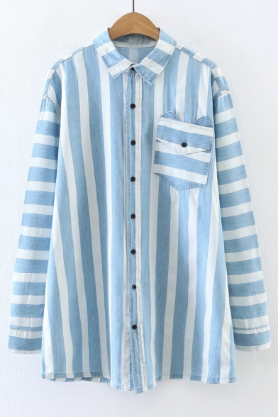 Color Block Striped Printed Lapel Collar Long Sleeve Shirt with Single Pocket