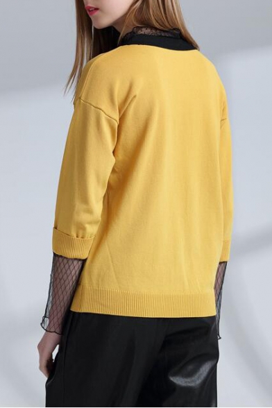 Contrast V Neck Long Sleeve Hollow Out Mesh Inserted Pullover Sweater