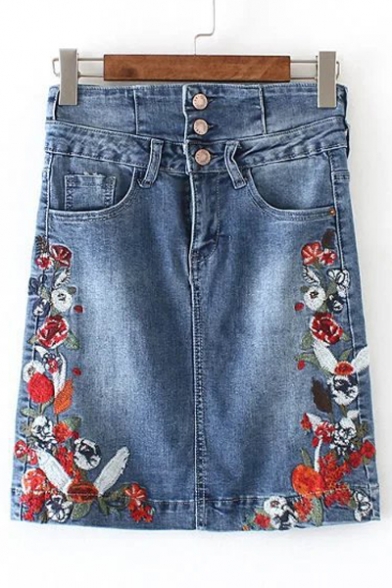 High Rise Single Breasted Floral Embroidered Denim Mini Pencil Skirt