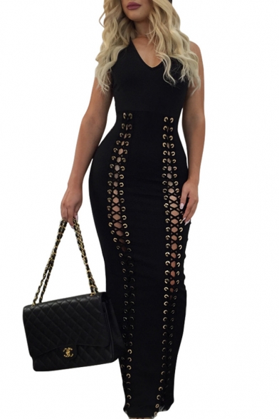 New Arrival Lace-Up Cutout Front Sleeveless Hooded V-Neck Plain Maxi Dress