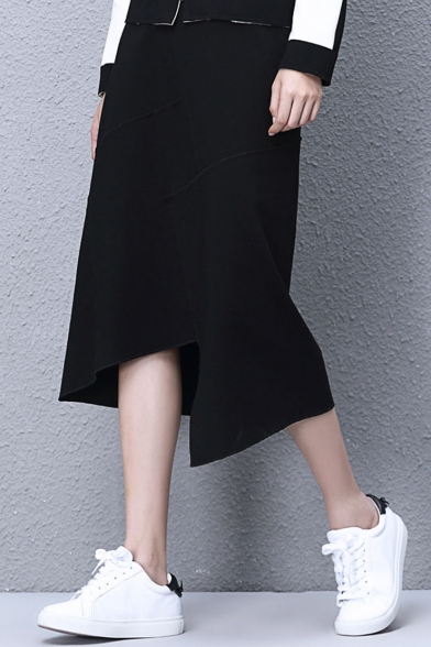 New Collection Plain Zip Back Basic Stylish Asymmetrical Hem Midi Skirt