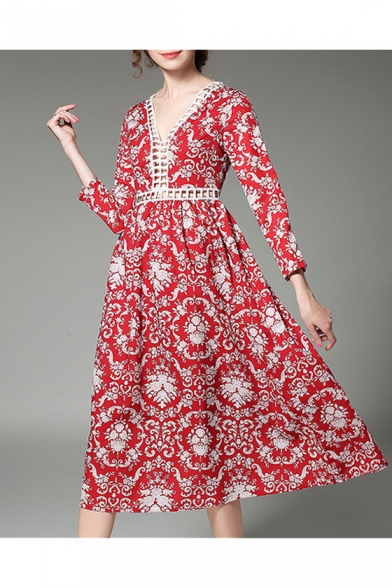 New Fashion V Neck Long Sleeve Floral Printed Hollow Out A-Line Maxi Dress