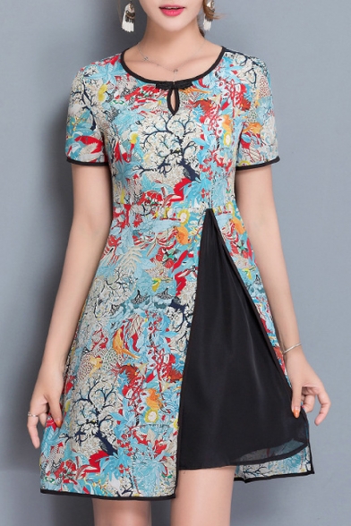 Round Neck Short Sleeve Retro Floral Printed Elegant Slit Side A-Line Mini Dress