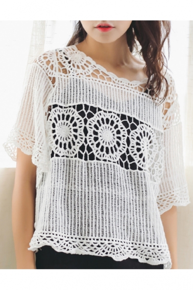 Round Neck Short Sleeve Summer's Plain Crochet Hollow Out Pullover Blouse