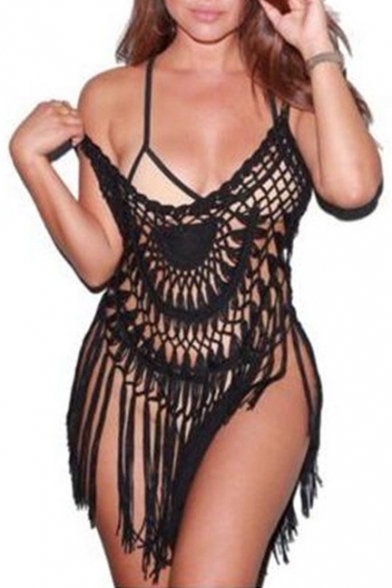 Sexy Hollow Out Spaghetti Straps Tassel Plain Knitted Cover Ups