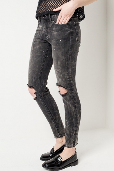 Summer's Cut Out Knees Plain Washed Leisure Ink Skinny Jeans