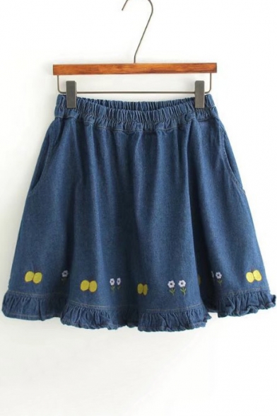 Summer's Floral Embroidered Hem Elastic Waist A-Line Mini Denim Skirt
