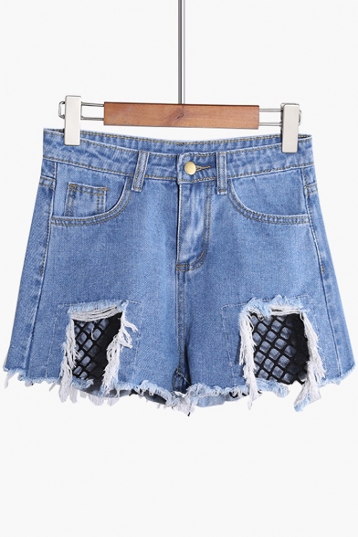 Summer's High Rise Fishnet Cut Out Ripped Loose Wide Legs Denim Shorts