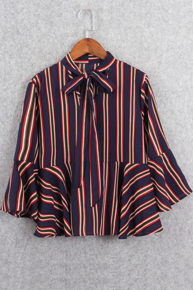 Vertical Striped Color Block 3/4 Length Sleeve Tied Neck Blouse
