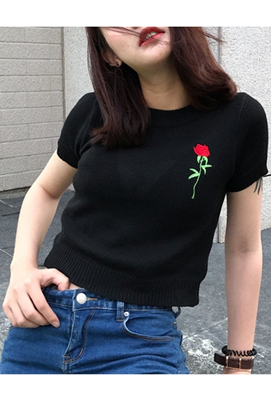 Vintage Chic Round Neck Short Sleeve Floral Embroidered Knit Pullover Sweater