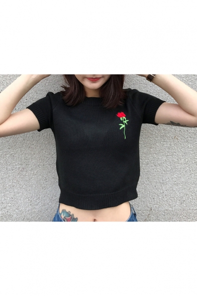 Vintage Chic Round Neck Short Sleeve Floral Embroidered Knit Pullover Sweater