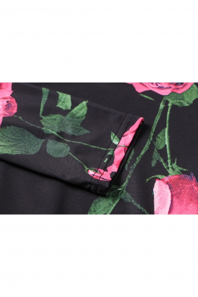 Vintage Floral Printed Round Neck Long Sleeve Tie Waist Maxi Dress