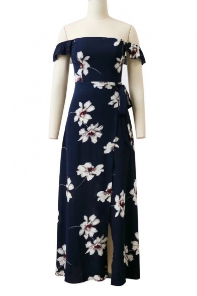 Off The Shoulder Short Sleeve Zip Back Bow Waist Slit Front Floral Printed Maxi Dress
