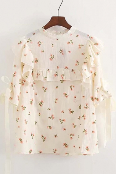 Round Neck Short Sleeve Tie Up Cuff Ruffle Hem Floral Printed Blouse