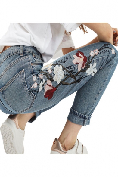 Side Floral Embroidered High Waist Basic Leisure Jeans