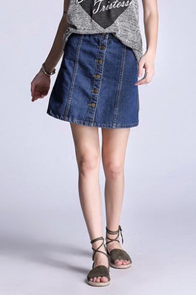 Single Breasted Oversize Denim Skirt A-Line Mini Skirt