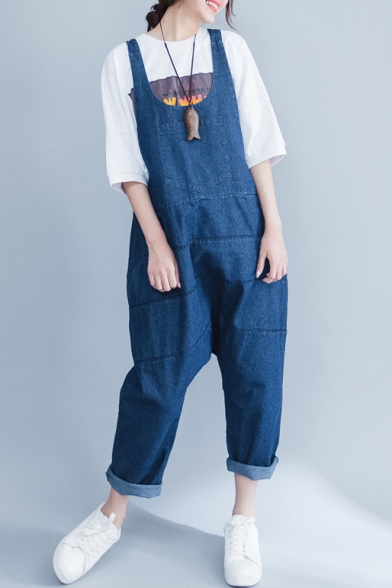 Summer Oversize Casual Loose Plain Denim Overall Pants with Pockets