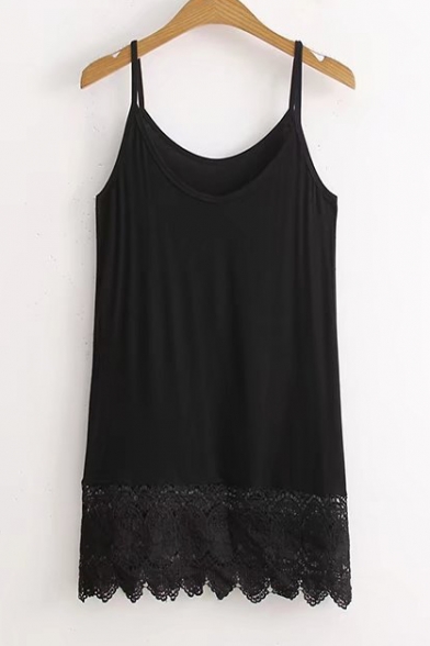 Summer's Basic Cotton Plain Casual Lace Inserted Hem Cami Top