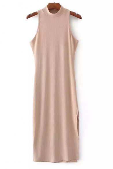 Women's Half High Neck Sleeveless Split Side Plain Midi Dress