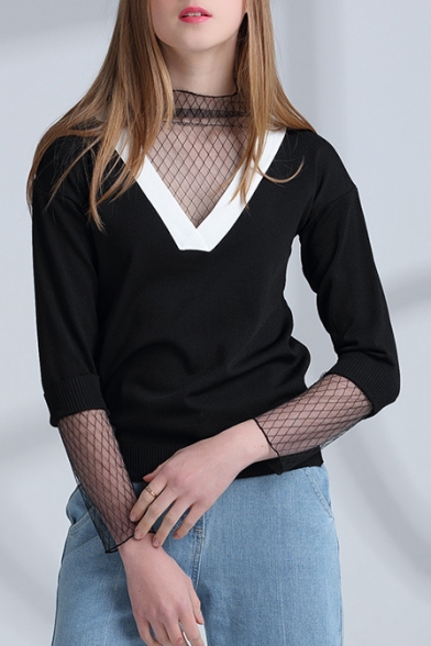 Contrast V Neck Long Sleeve Hollow Out Mesh Inserted Pullover Sweater