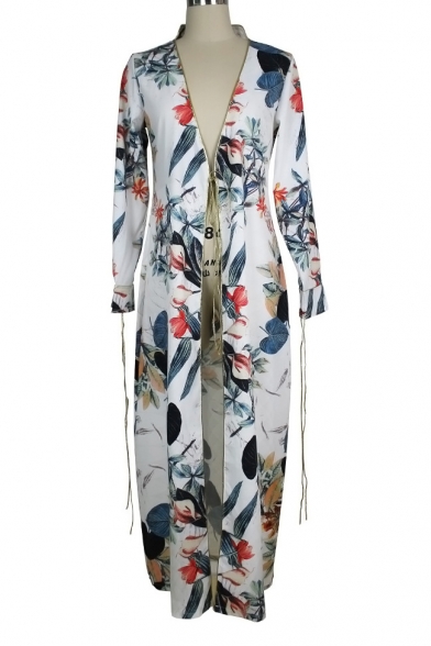 Floral Printed Long Sleeve Chiffon Longline Open Front Beach Coat