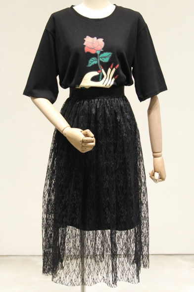 New Arrival Floral Printed Half Sleeve Tunic Tee with Lace Midi Skirt