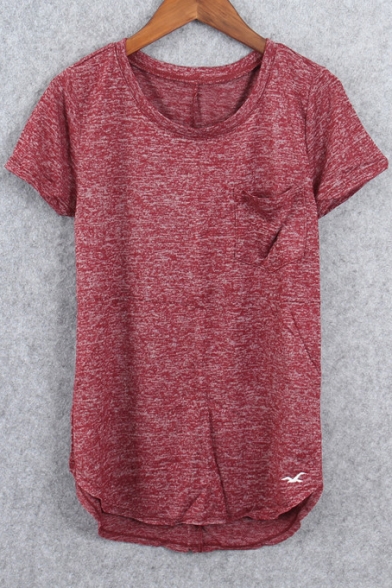 New Arrival Short Sleeve Round Neck Knitted Plain Tee with One Pocket