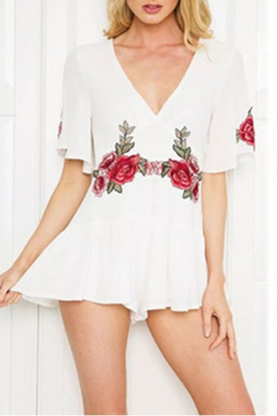 Plunge Neck Short Sleeve Floral Embroidered Summer's Leisure Rompers