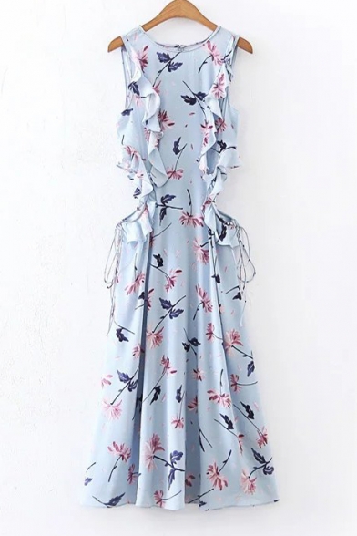 Round Neck Sleeveless Ruffle Hem Floral Printed A-Line Beach Midi Dress