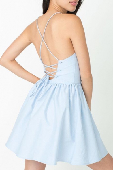 Sexy Crisscross Back Spaghetti Straps Sleeveless Plain Mini A-Line Dress