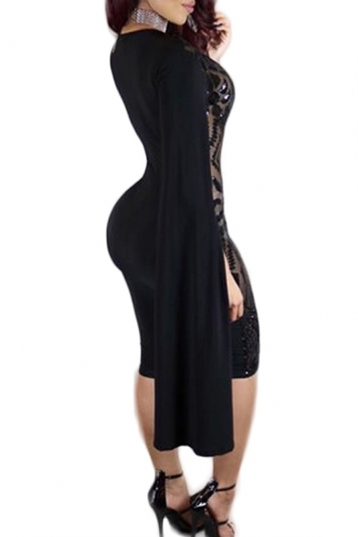 Sexy Sheer Sequined Split Long Sleeve Plunge V-Neck Midi Bodycon Dress