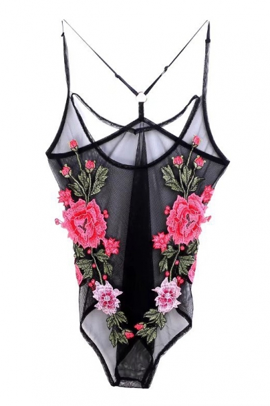 Sheer Mesh Floral Embroidered Spaghetti Straps Bodysuit