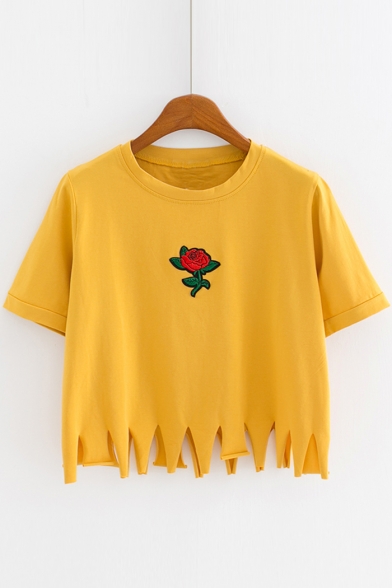 Summer's New Arrival Tassel Hem Rose Embroidered Round Neck Short Sleeve Tee
