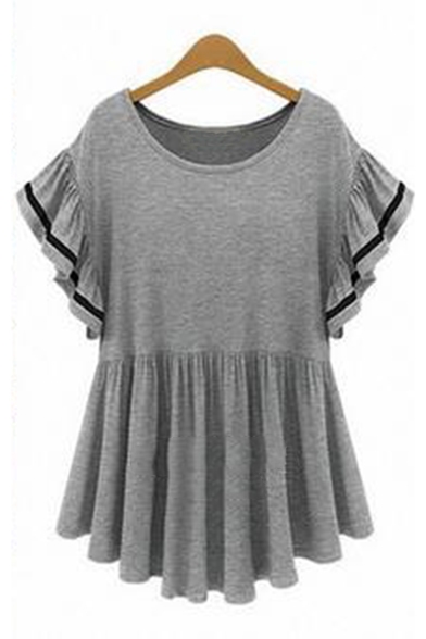 Summer's Round Neck Short Sleeve Ruffle Hem Plain Oversize Loose T-Shirt