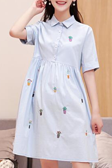 Summer's Sweet Floral Embroidered Lapel Collar Short Sleeve Buttons Down A-Line Mini Dress