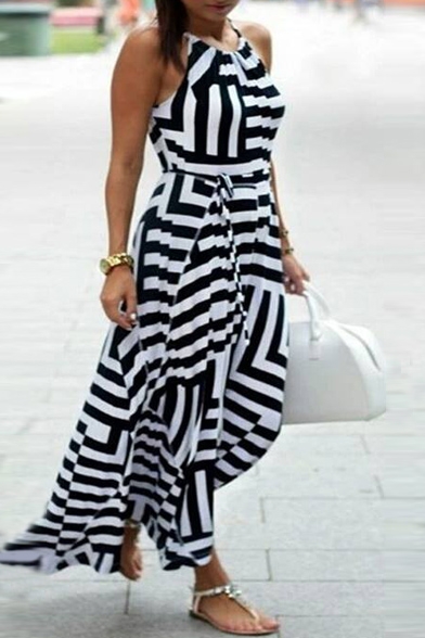 Women's Striped Color Block Sleeveless High Low Hem Asymmetric Cami Dress