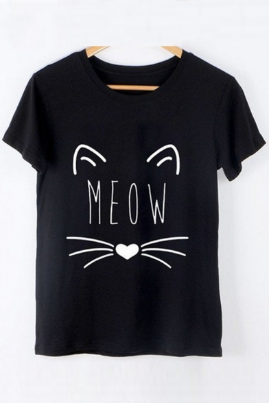 Cartoon Cat Pattern Round Neck Short Sleeve Cotton Graphic T-Shirt