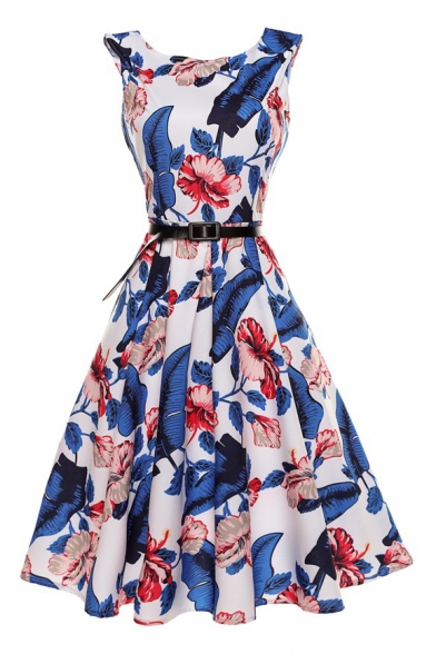 Elegant Chic Floral Printed Sleeveless Round Neck Midi Skater Dress