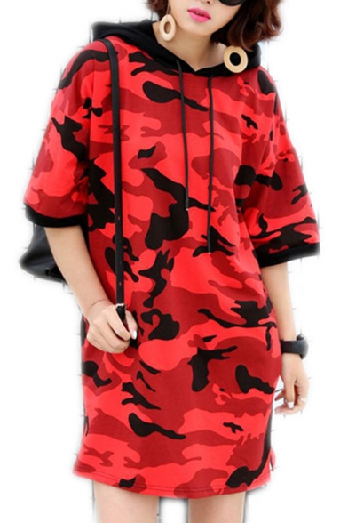 Fashion Drawstring Hooded Half Sleeve Camouflage Color Block Mini Sweatshirt Dress
