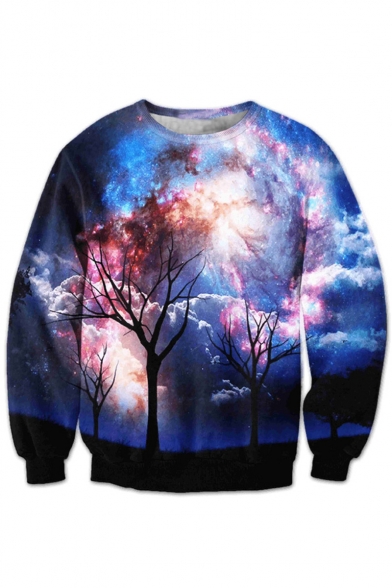 Galaxy Big Trees Pattern Round Neck Long Sleeve Casual Leisure Sweatshirt