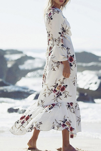 Leisure Floral Printed Bell 3/4 Length Sleeve Ruffle Hem Maxi Wrap Dress