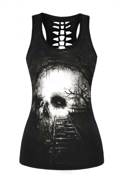 New Arrival Skull Track Pattern Scoop Neck Cut Out Back Sports Tank