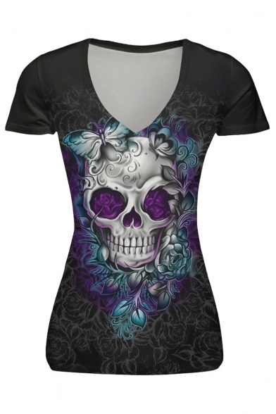 Retro Rose Skull Pattern V Neck Short Sleeve Casual Leisure T-Shirt